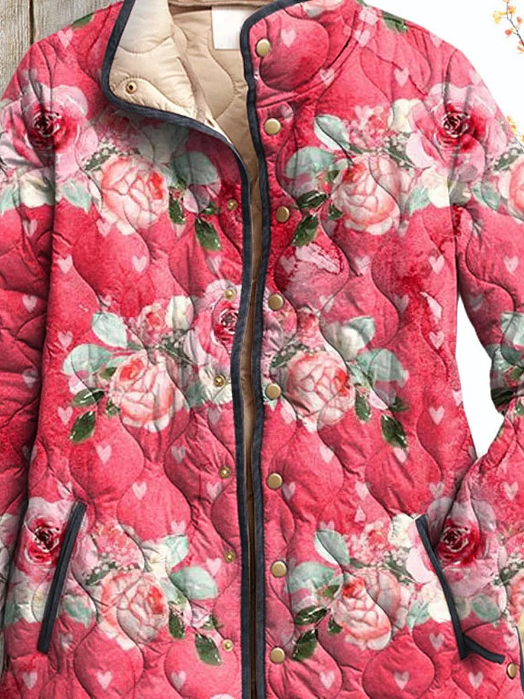 Women's Charming Pink Floral Art Print Casual Quilted Jacket