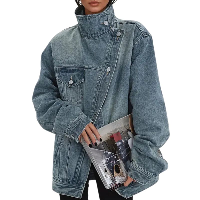 SKYE™ – Retro-Inspired Asymmetrical High-Collar Jacket with Vintage Wash
