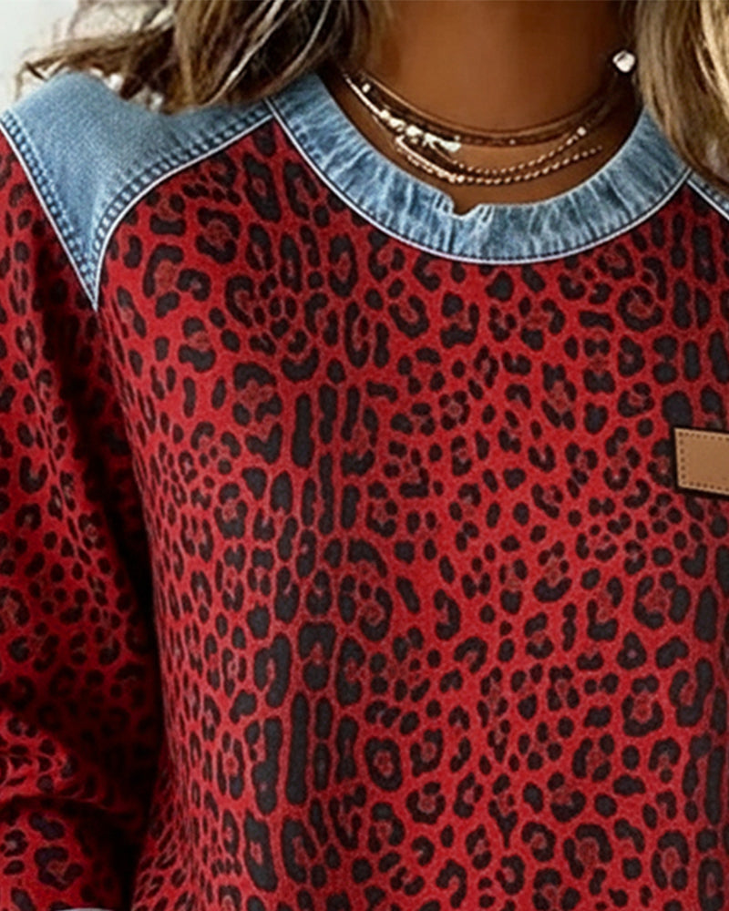 Leopard-Print Denim Patchwork Sweater