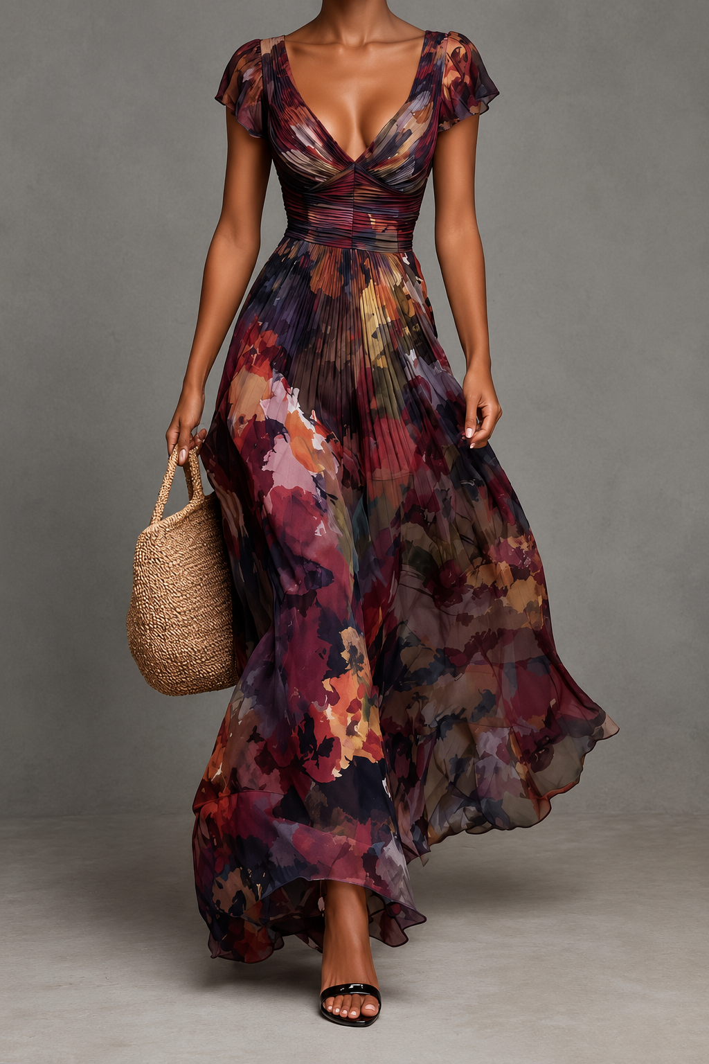 Camellia | Watercolor Floral Pleated Maxi Dress for Women