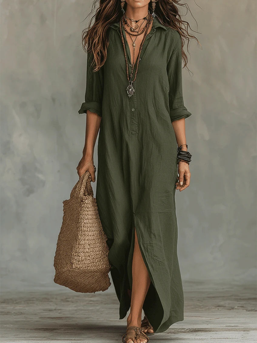 Soline™ | Black Flowing Maxi Dress with Buttons