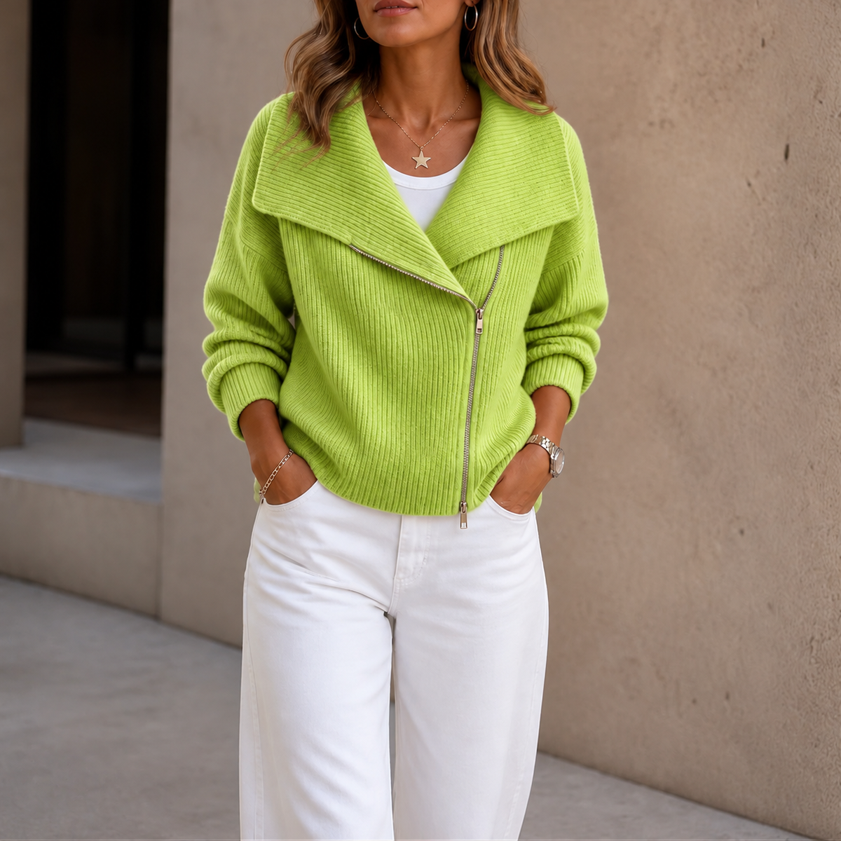 Wearbella – Diagonal Zip Oversized Collar Ribbed Knit Jacket
