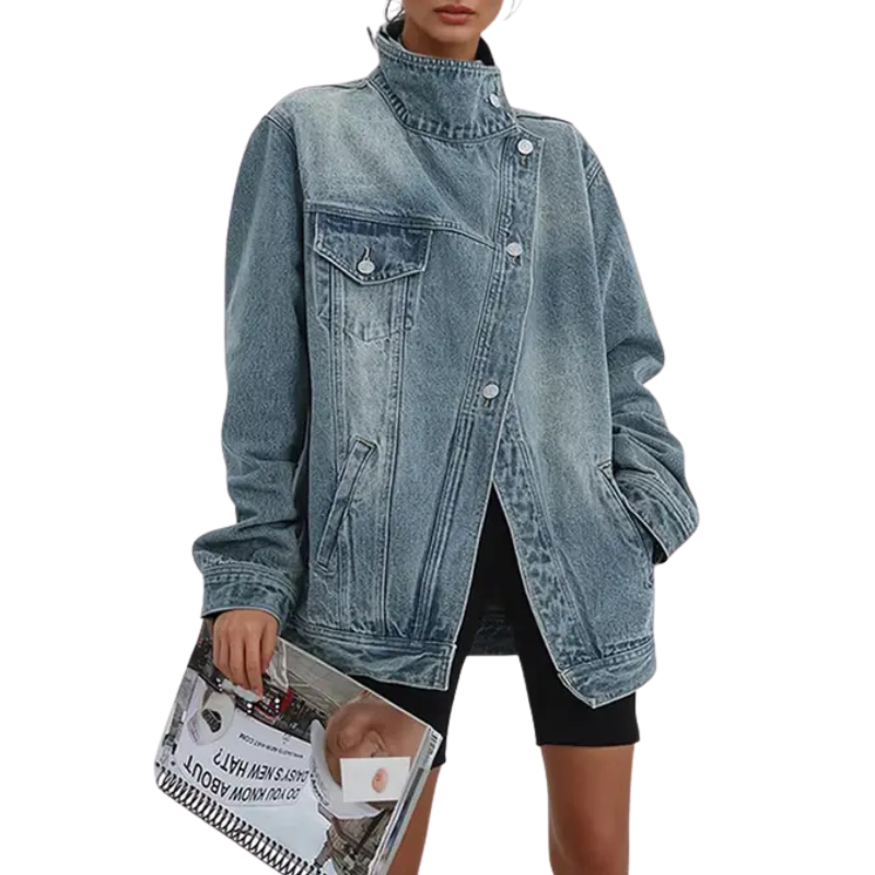 SKYE™ – Retro-Inspired Asymmetrical High-Collar Jacket with Vintage Wash