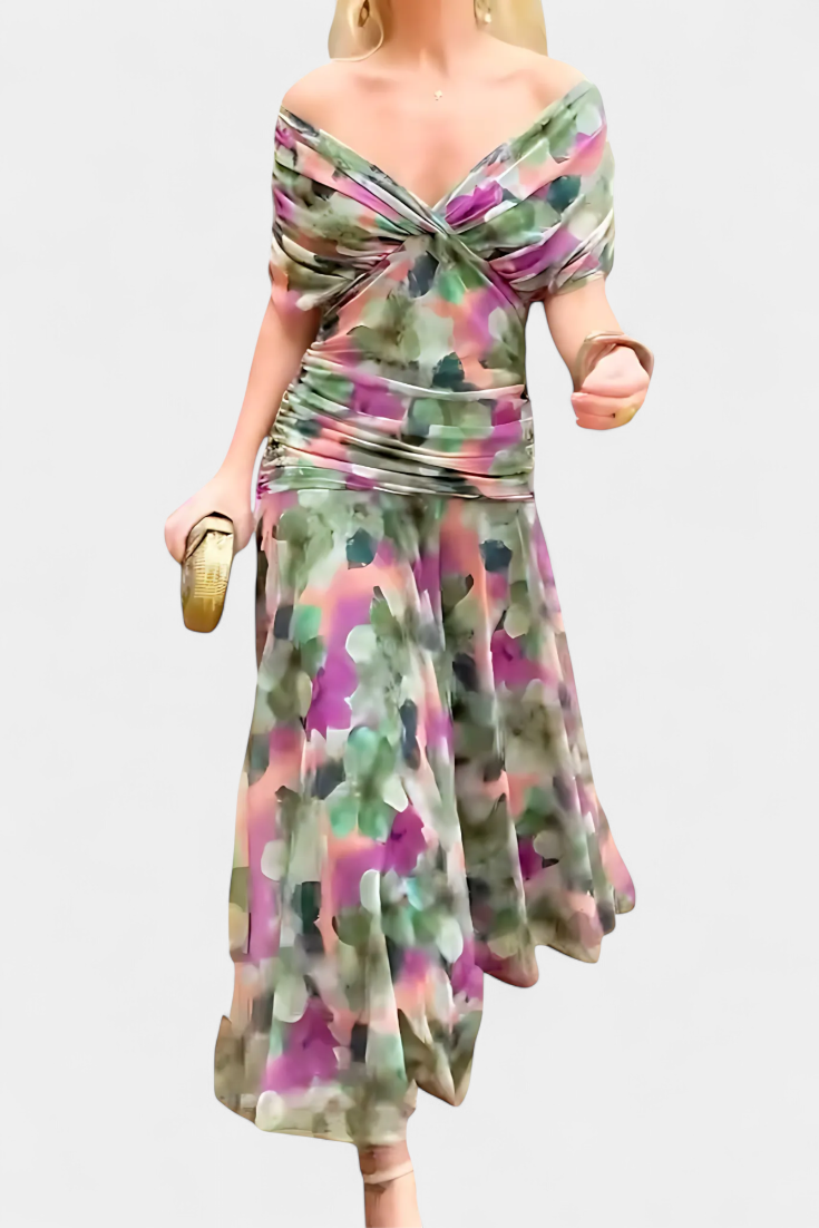 VIVIAN | LONG FLOWER V-NECK DRESS