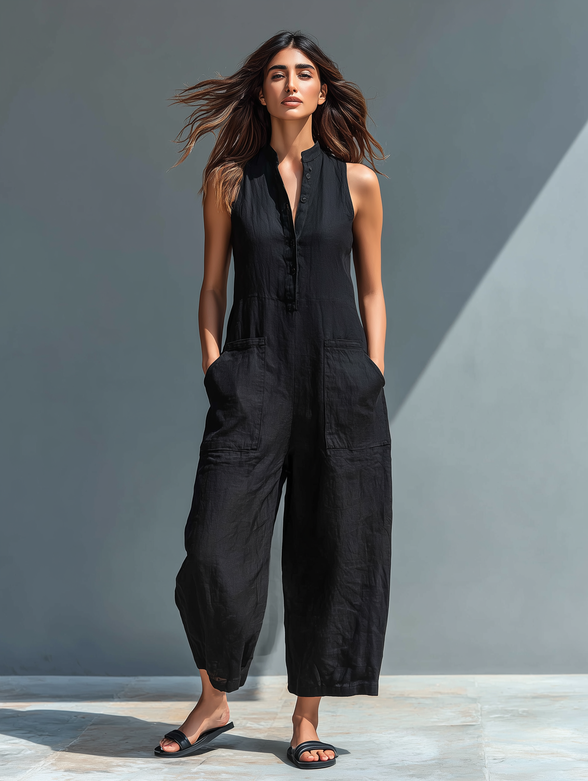 Sleeveless Linen Blend Overall with High Collar and Buttons for Women