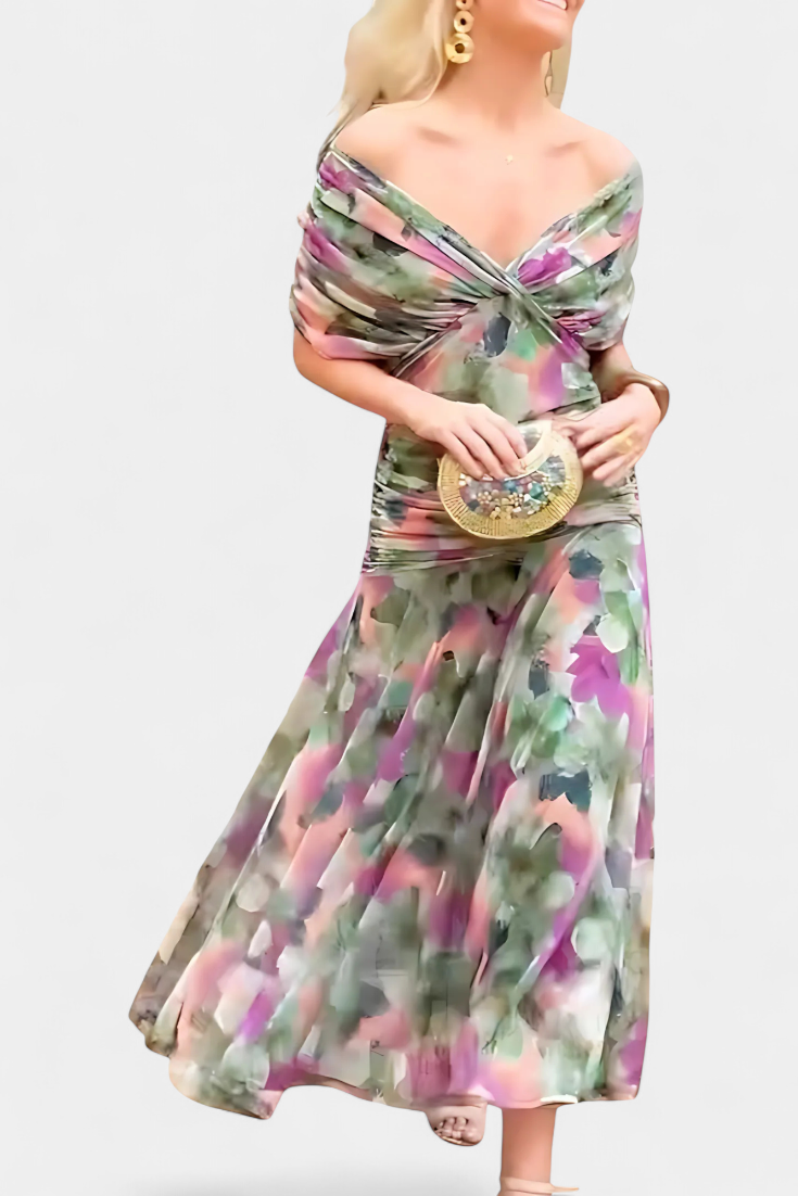 VIVIAN | LONG FLOWER V-NECK DRESS
