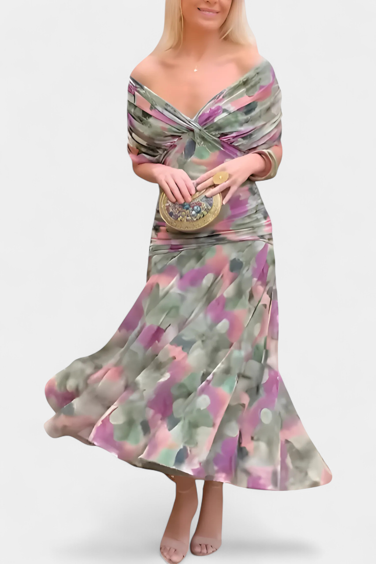 VIVIAN | LONG FLOWER V-NECK DRESS