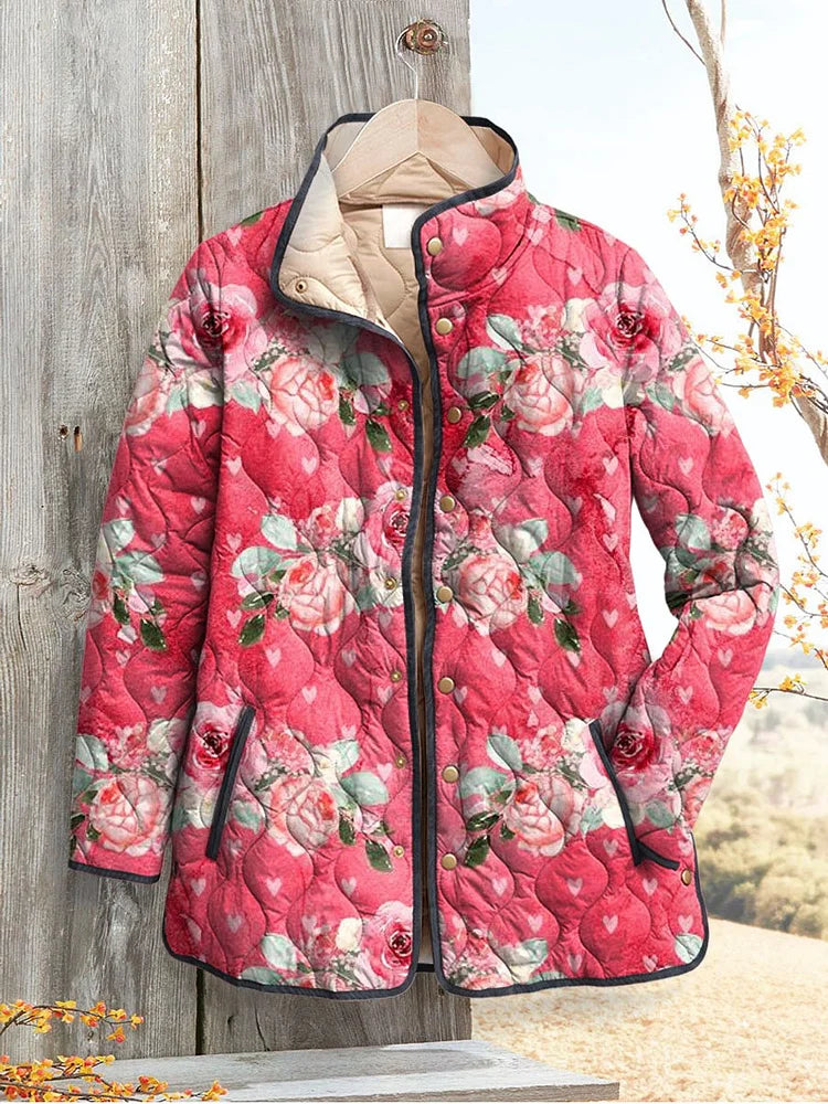 Women's Charming Pink Floral Art Print Casual Quilted Jacket
