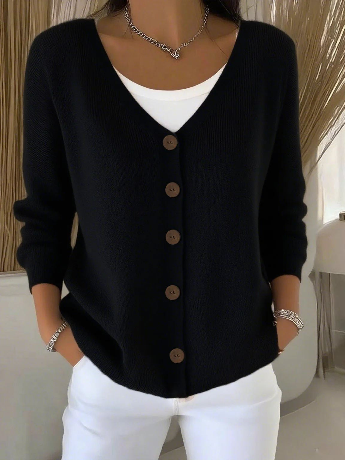 Olivia™ - Long-Sleeve V-Neck Button Sweater