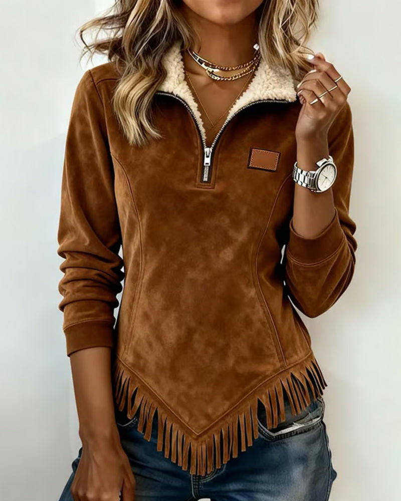 Half-zip collar sweatshirt with an asymmetrical design and fringe accents