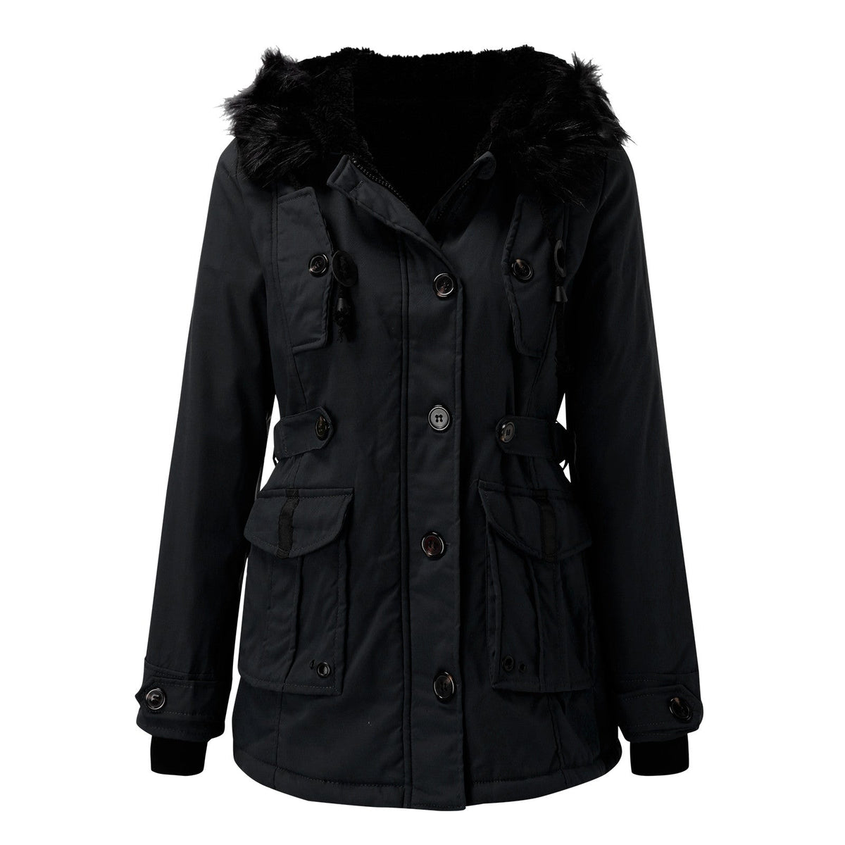 Women's parka with hood, buttons, and pockets