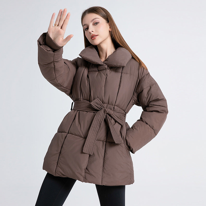 Women’s fitted thermal quilted coat with tie belt and square quilting