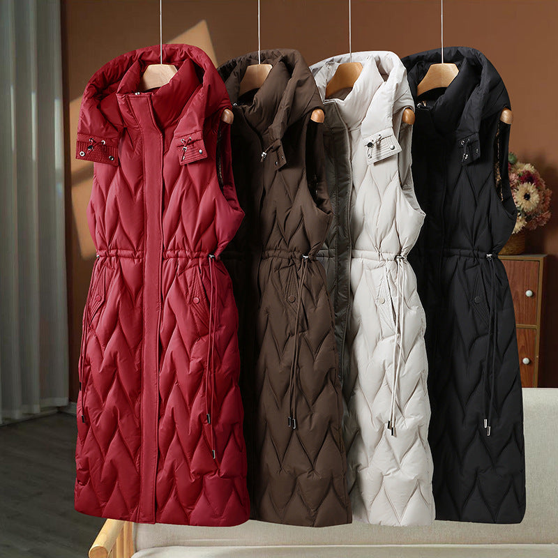 Women's long quilted vest with hood and adjustable drawstring waist