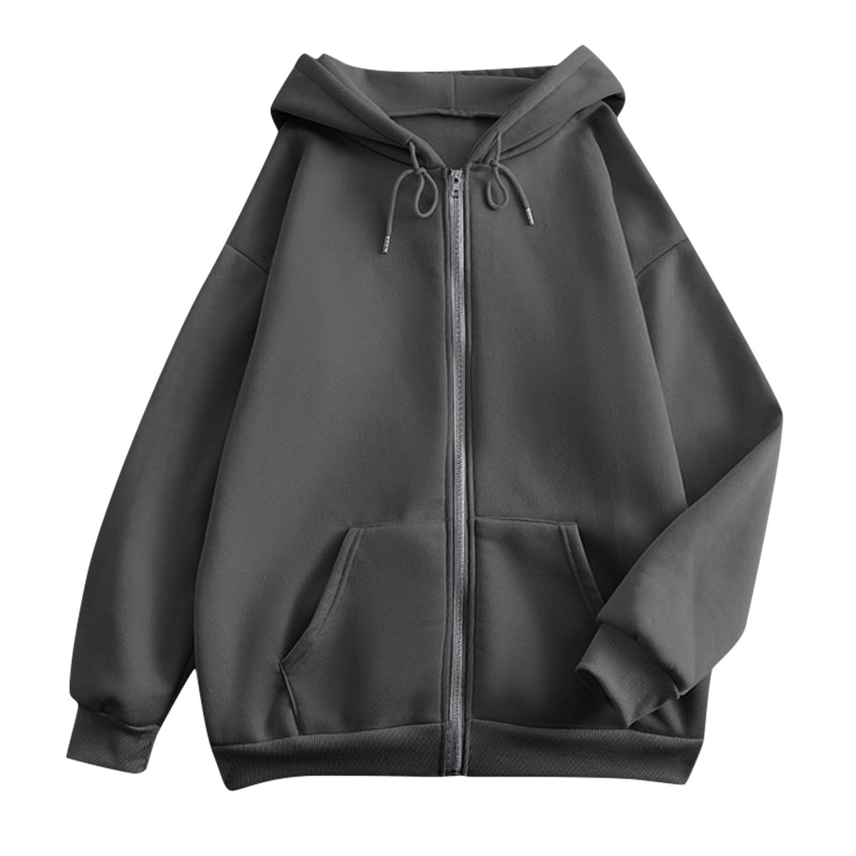 Women's oversized hooded jacket with zipper, kangaroo pockets, and ribbed cuffs