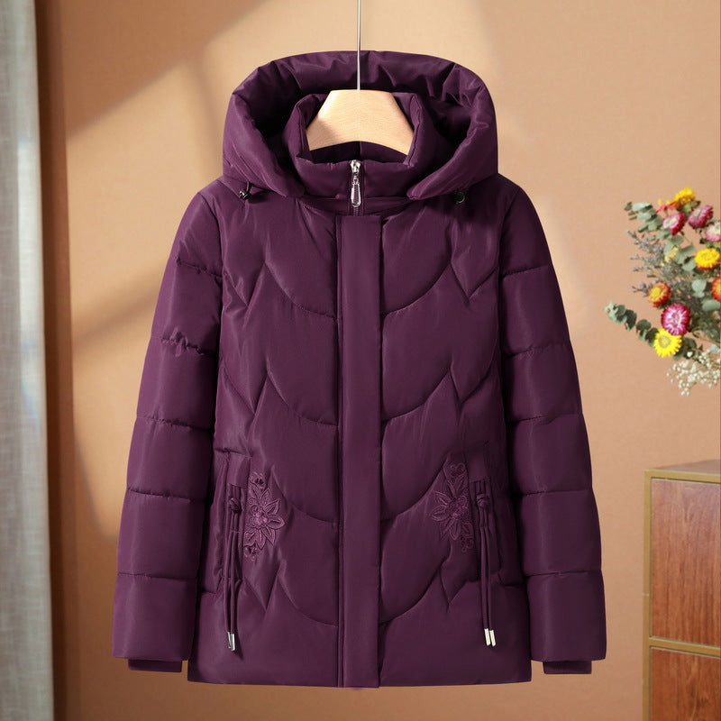 Women's quilted thermal outdoor jacket with a hood and floral embroidery