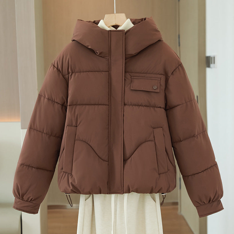 Women's short quilted hooded jacket with a concealed zipper