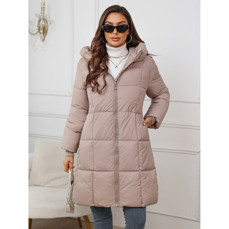 Women's fitted A-line thermal parka with hood and two-way zipper
