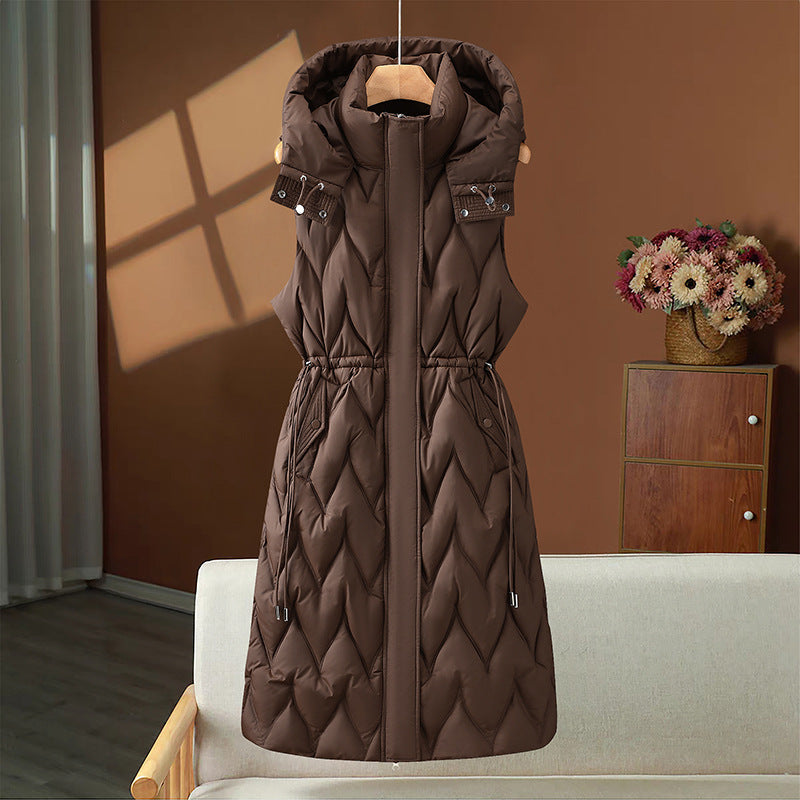 Women's long quilted vest with hood and adjustable drawstring waist