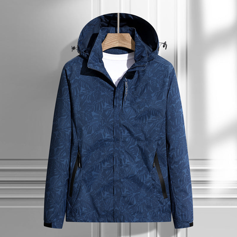 Women's lightweight rain and wind jacket with hood and leaf pattern
