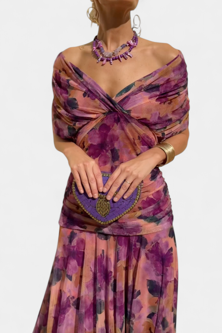 VIVIAN | LONG FLOWER V-NECK DRESS