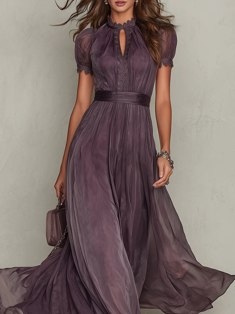 Flavia • Long Purple Dress with Keyhole Neckline, Chiffon Lace Trim