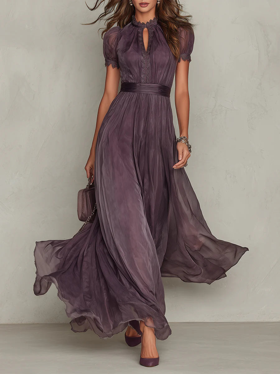Flavia • Long Purple Dress with Keyhole Neckline, Chiffon Lace Trim