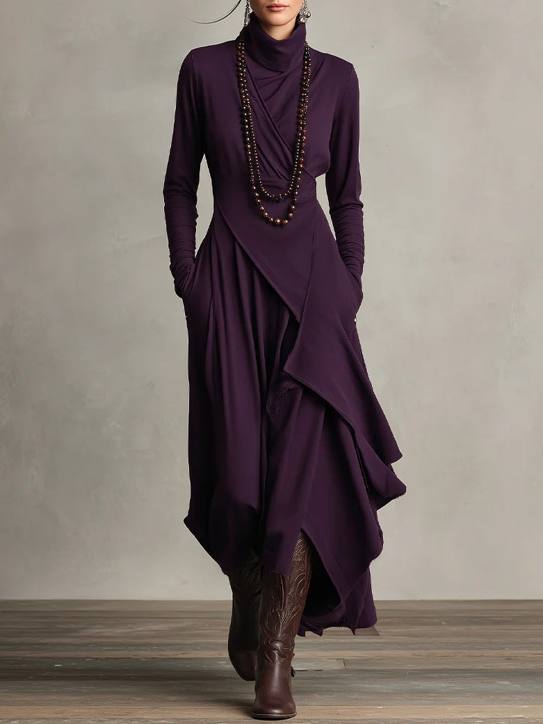 Purple Maxi Dress with High Neck and Asymmetrical Draping