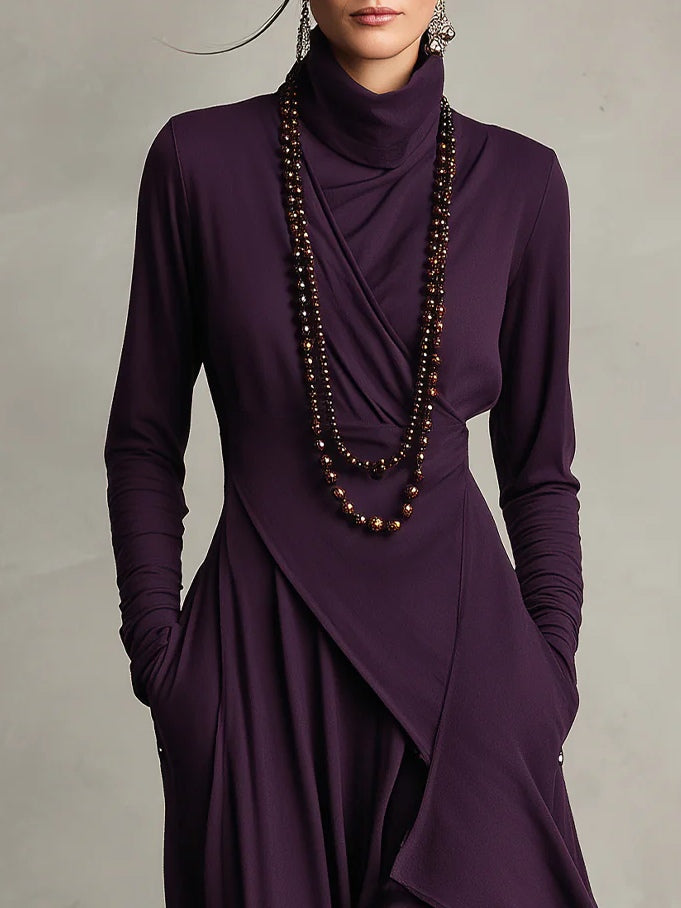 Solmira | Asymmetrical Pleated Maxi Dress with High Neck