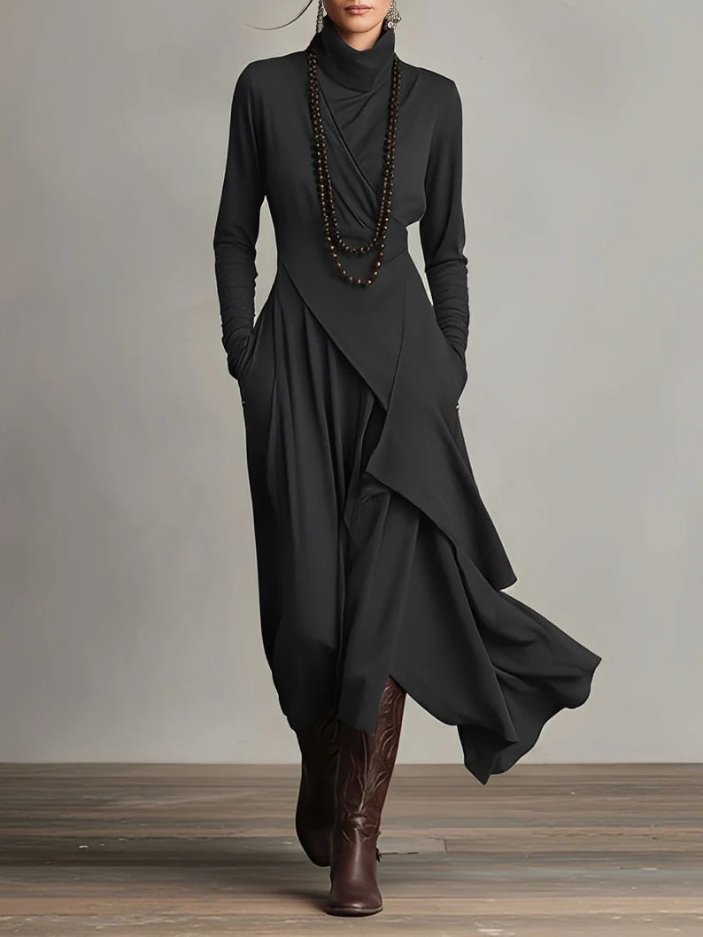 Purple Maxi Dress with High Neck and Asymmetrical Draping