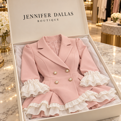 A-line blazer dress presented in Jennifer Dallas Boutique packaging