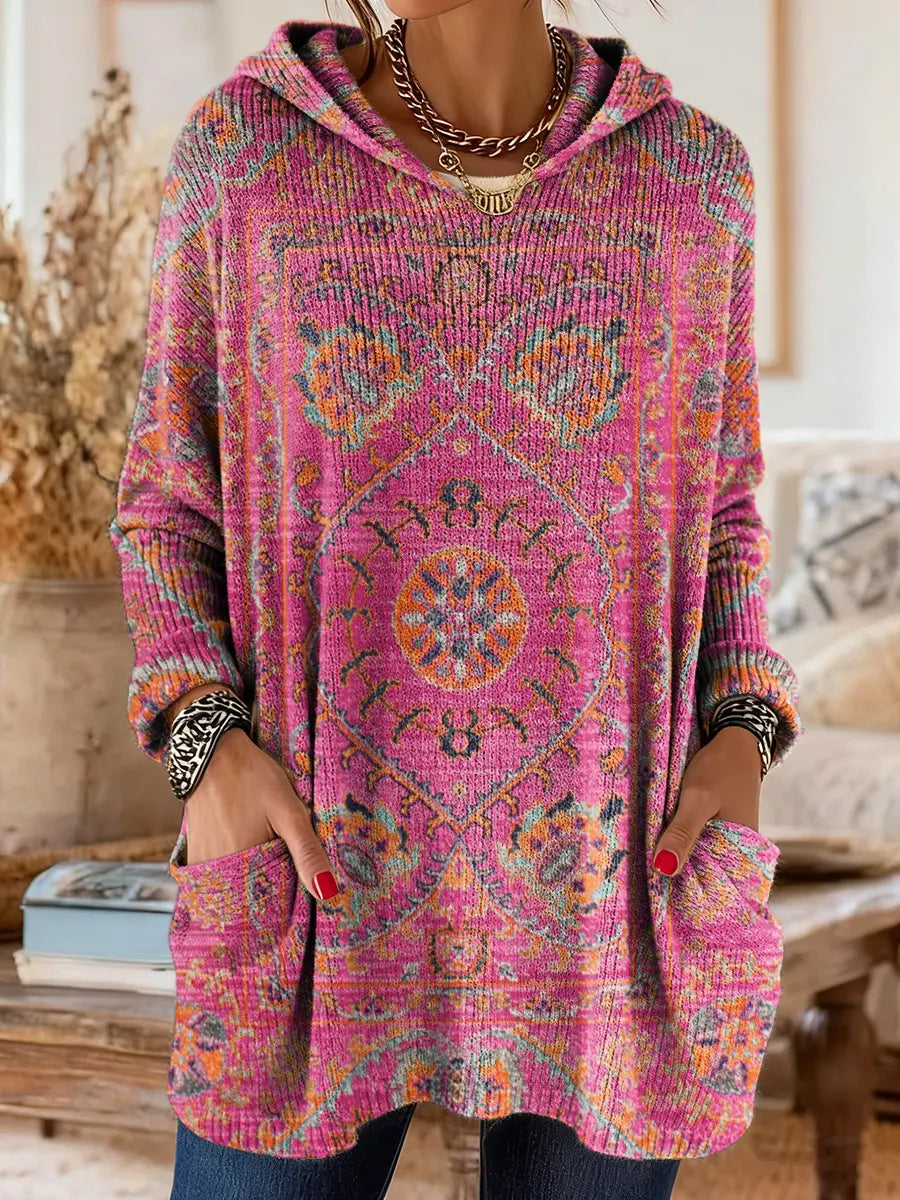 Vintage-Inspired Hooded Knit Tunic with Pockets and Ethnic Print