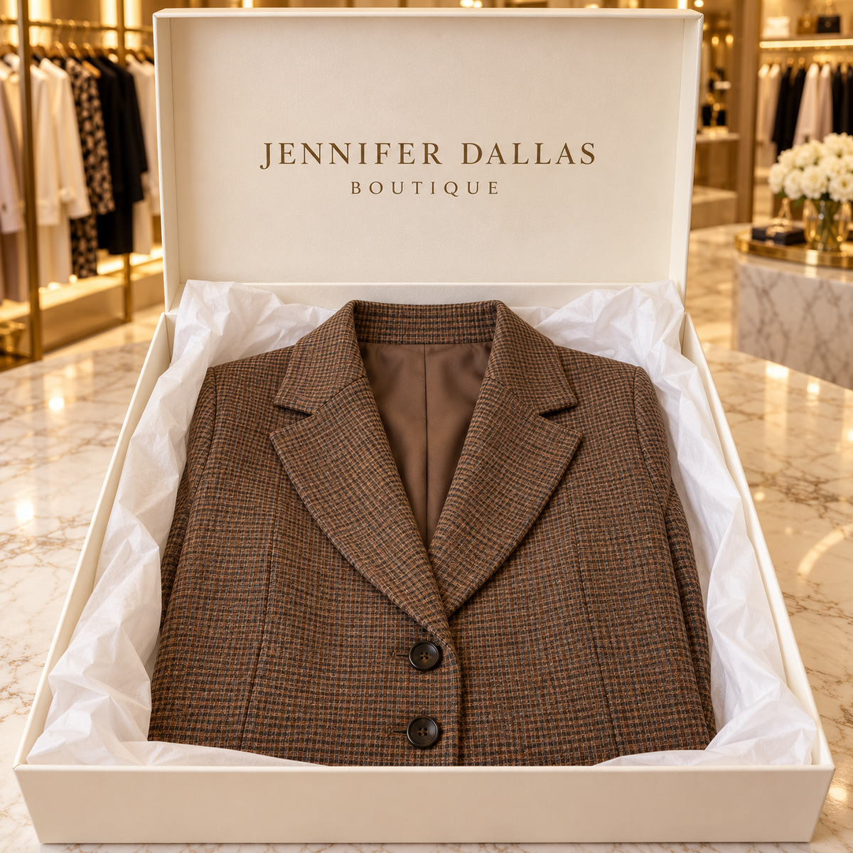 Amelia Casual Checked Blazer in Jennifer Dallas Boutique gift box