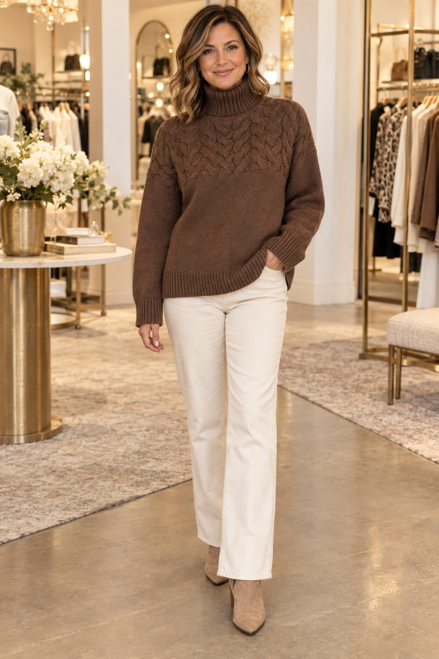 Eva Cable-Detail Sweater in Brown — Jennifer Dallas Boutique