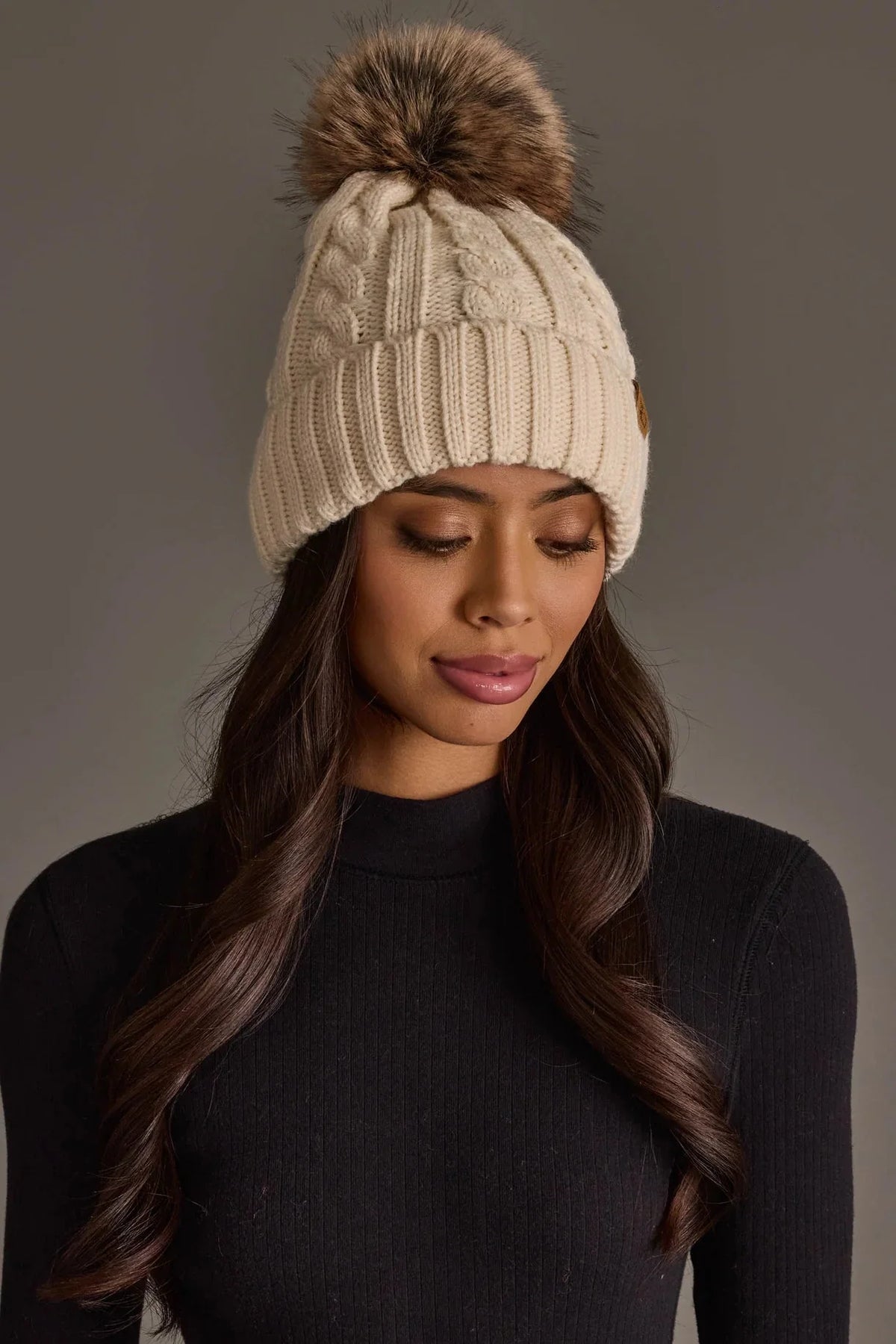 Cable Knit Faux Fur Pom Hat | Cream