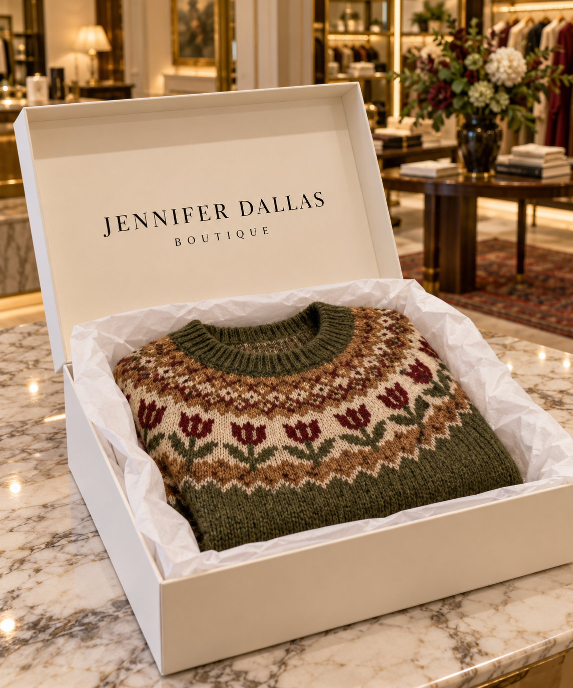 Charlotte Comfortable Elegant Sweater in Jennifer Dallas Boutique gift box