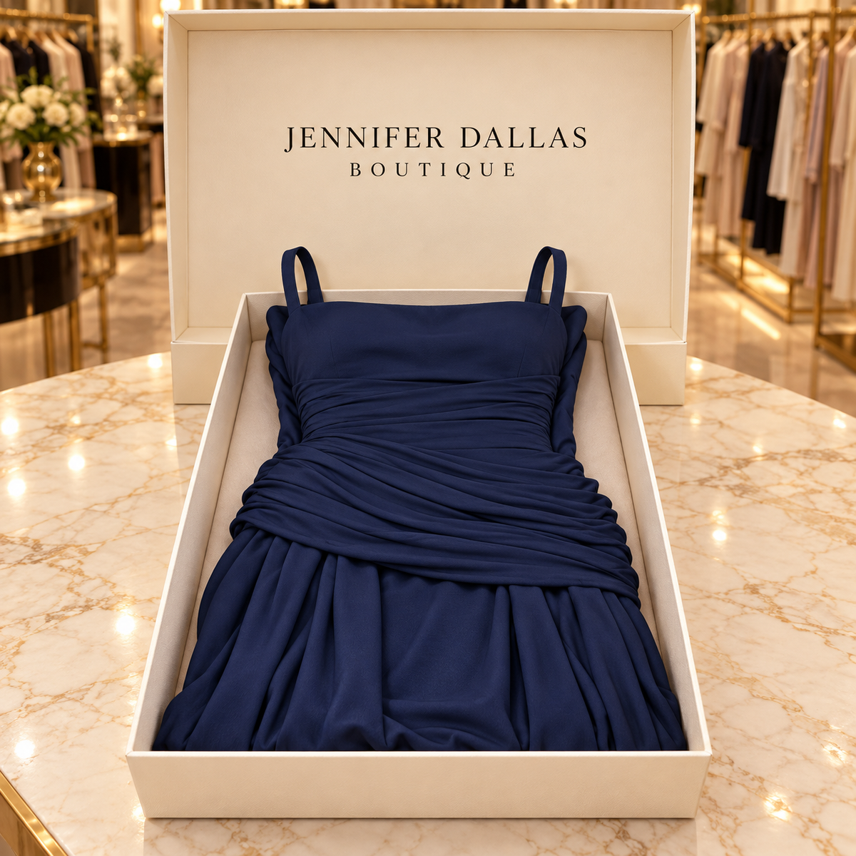 Charlotte Ruched Maxi Dress in Navy visibly presented in a Jennifer Dallas Boutique gift box