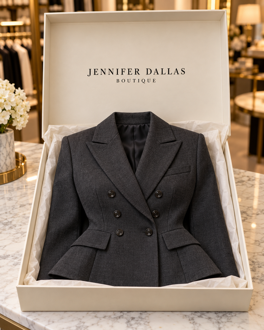 Clara peplum blazer presented in Jennifer Dallas Boutique packaging
