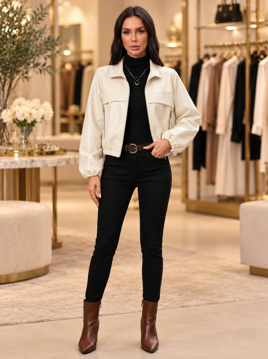 Women's cropped faux leather jacket in Milk white — boutique model