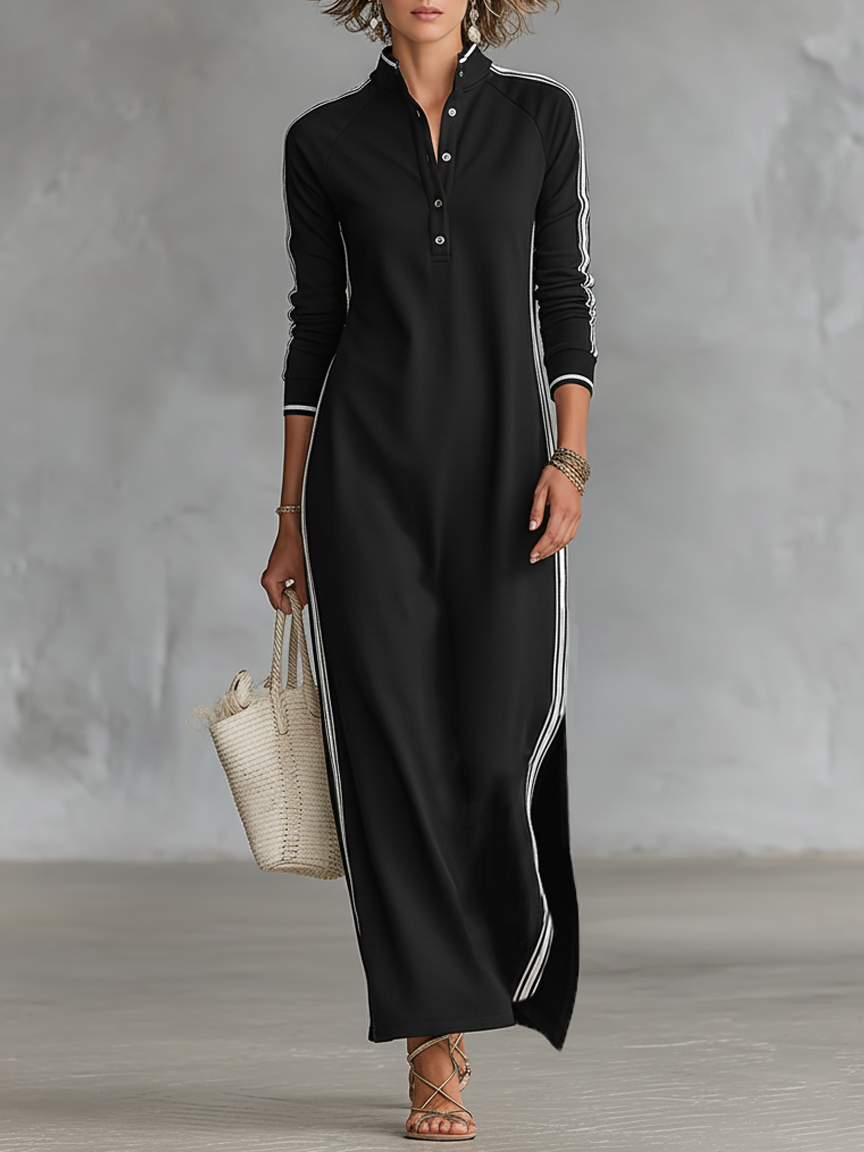 Maxi Sweat Dress for Women with Button-down Collar and White Trim
