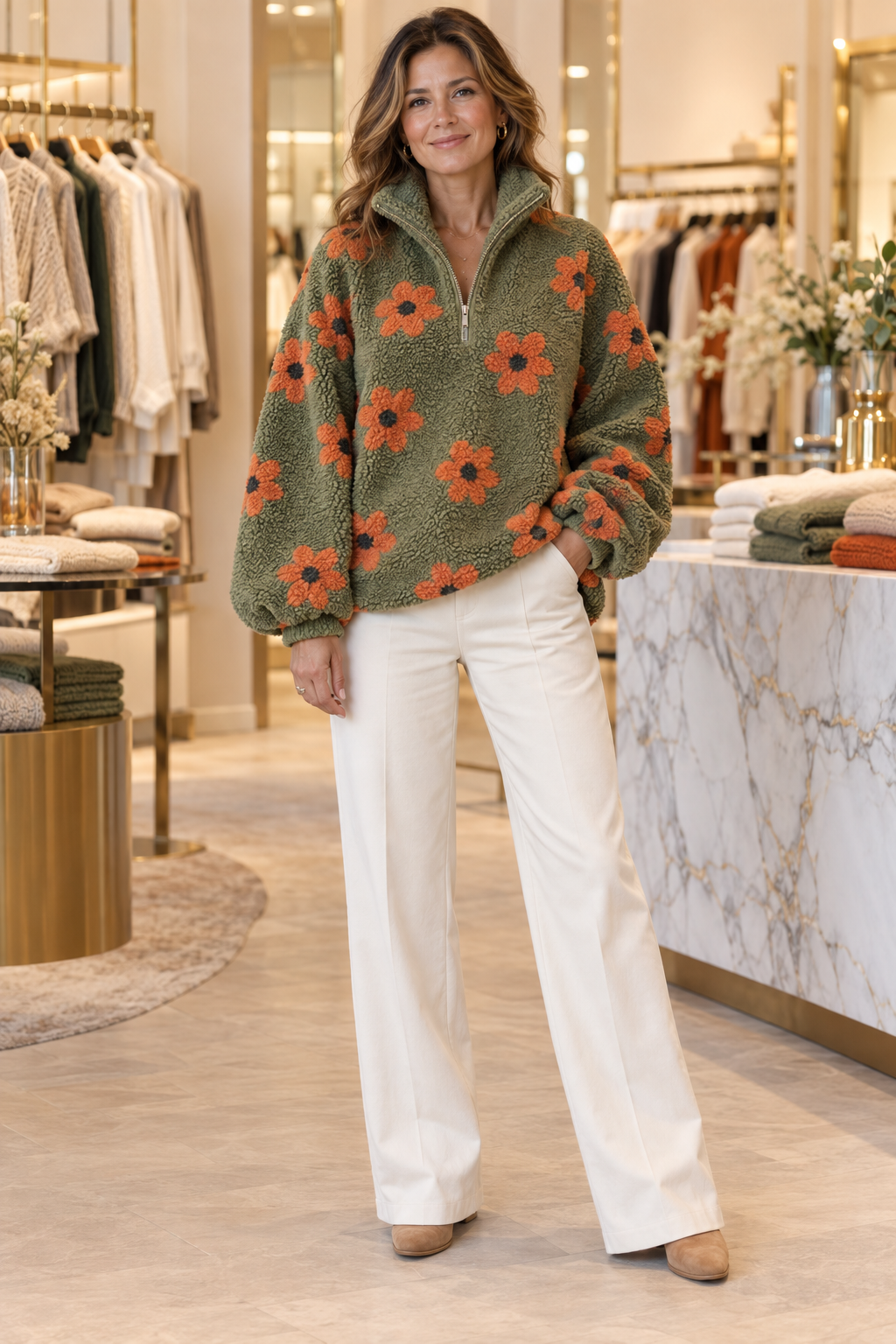 Delysanne Sophisticated Sweater in Orange floral sherpa at Jennifer Dallas Boutique