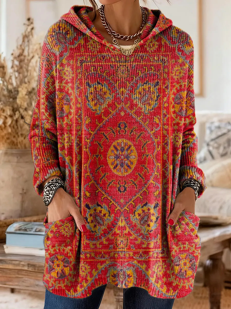 Vintage-Inspired Hooded Knit Tunic with Pockets and Ethnic Print