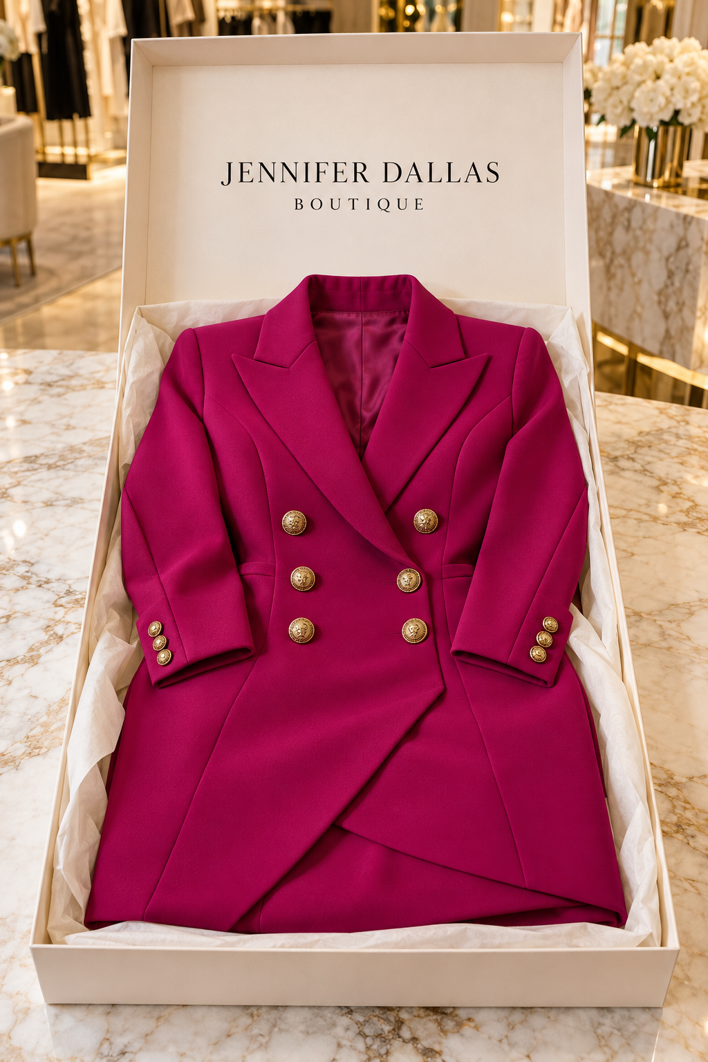 Emmie Chic Blazer Dress in Jennifer Dallas Boutique gift box