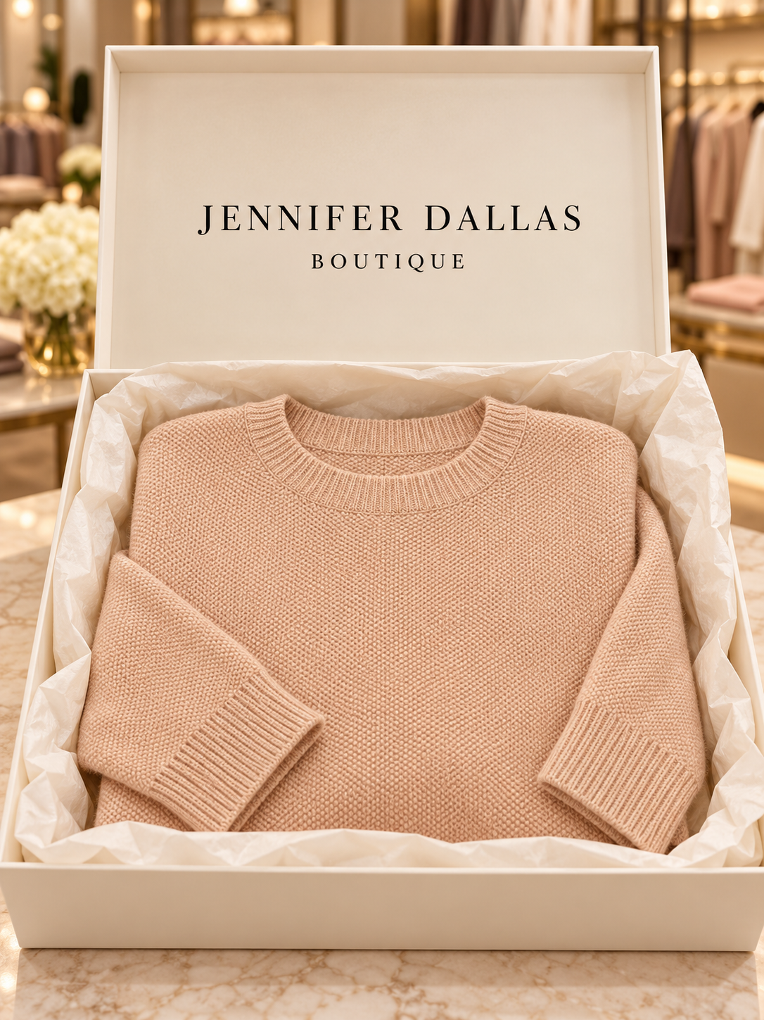 Eugenia crew-neck knit pullover in a Jennifer Dallas Boutique gift box