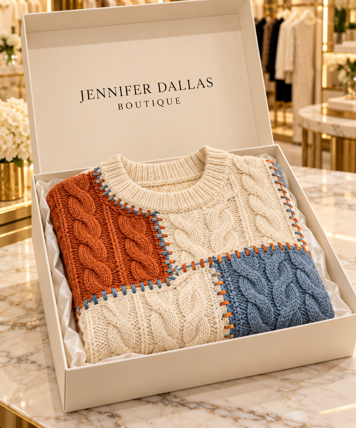 Finn Designer Knitwear presented in a Jennifer Dallas Boutique gift box