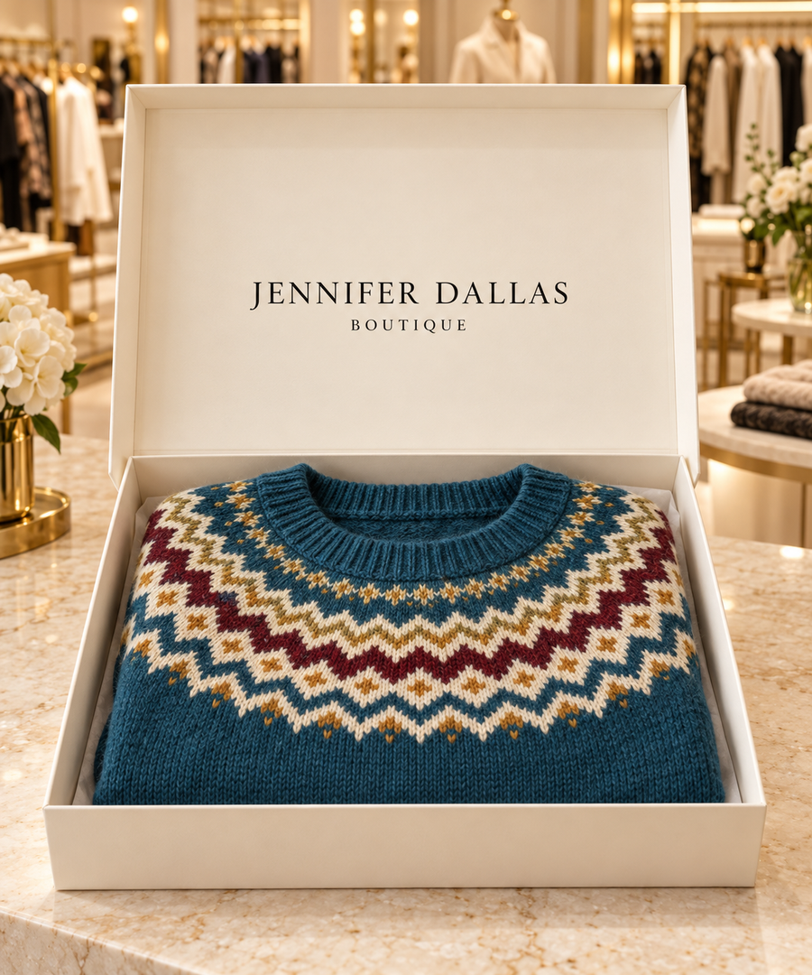 NICOLE retro sweater presented in a Jennifer Dallas Boutique gift box