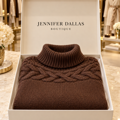 Eva cable-detail sweater presented in a Jennifer Dallas Boutique gift box