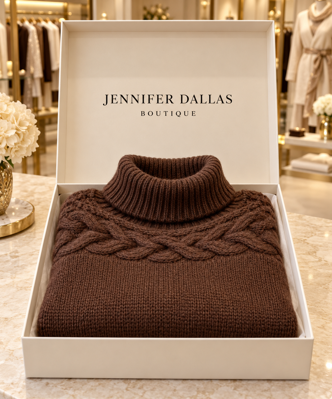 Eva cable-detail sweater presented in a Jennifer Dallas Boutique gift box