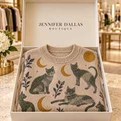 Toni cat crew sweater presented in a Jennifer Dallas Boutique gift box