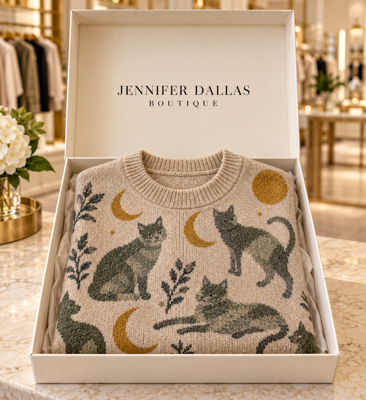 Toni cat crew sweater presented in a Jennifer Dallas Boutique gift box