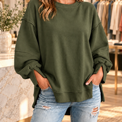Olive green oversized exposed-seam sweatshirt with split cuffs